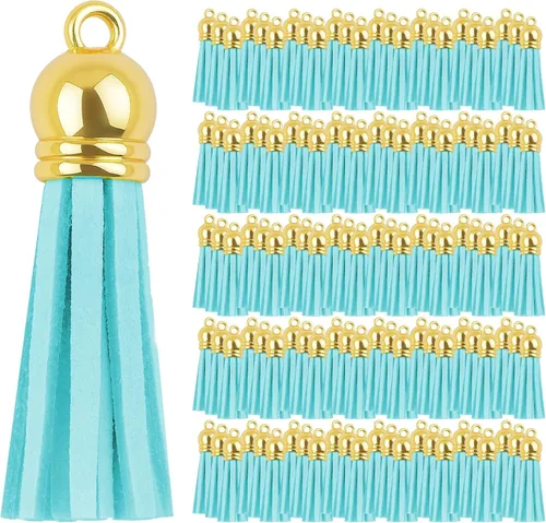 Miniatura 70 de Mandala Crafts 100 borlas de gamuza sintética color aguamarina con tapa dorada, suministros para hacer llaveros a granel, pequeñas borlas de cuero
