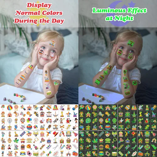 Miniatura 7 de 96 piezas de tatuajes temporales que brillan en la oscuridad para niños, tatuajes falsos de animales de payaso de circo de carnaval, calcomanías