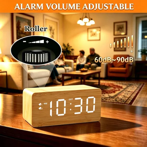 Miniatura 6 de URAYCO Reloj despertador digital de madera con cargador inalámbrico rápido de 10W, puertos de carga USB, DST, atenuable, modo repetición, pantalla