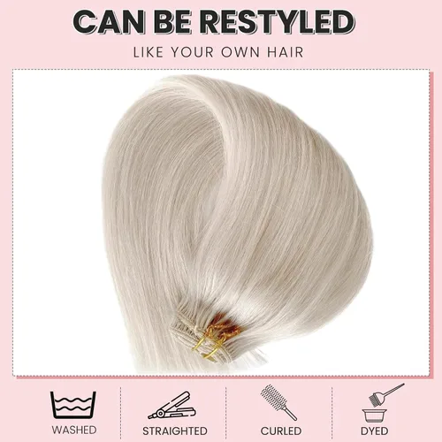 Miniatura 5 de Extensiones de cabello humano real con clip, color blanco hielo, extensiones de cabello humano Remy con clip, 18 pulgadas, 7 piezas, 2.47 oz