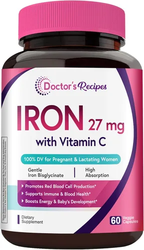 Doctor's Recipes Suplemento de hierro para mujeres embarazadas, bisglicinato de hierro quelado, con vitamina C para alta absorción, soporte suave