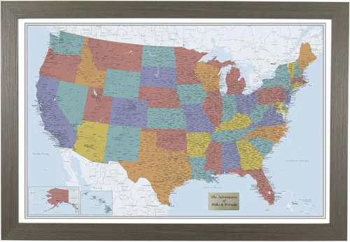 Miniatura 12 de Push Pin Travel Maps Lienzo personalizado Blue Oceans USA con marco gris de madera de granero