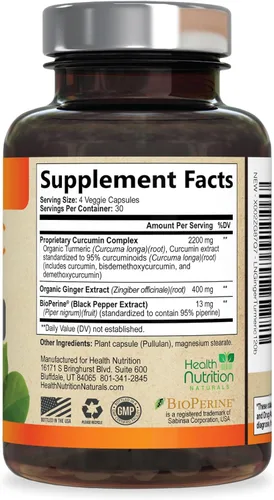 Miniatura 9 de Suplemento de curcumina de cúrcuma – 2200 mg de complejo de curcumina por porción – 95% curcuminoides, jengibre orgánico y pimienta negra BioPerine