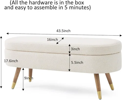 Miniatura 2 de IAFIKE Banco de almacenamiento ovalado de 43.5" Banco otomano tapizado de tela bouclé Banco reposapiés con patas de metal dorado, extremo de cama