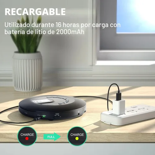 Miniatura 2 de Reproductor de CD portátil, reproductor de CD portátil recargable para coche y viajes, pequeño reproductor de CD con auriculares y antisaltos y a