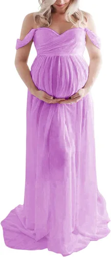 Miniatura 3 de ZIUMUDY Vestido de gasa de maternidad con hombros descubiertos para sesión de fotos, vestido largo de encaje frontal dividido para fotografía