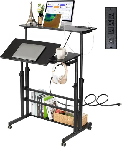 Miniatura 15 de Hadulcet Escritorio móvil de pie con estación de carga, escritorio ajustable para computadora de pie, carrito ajustable para laptop con ruedas