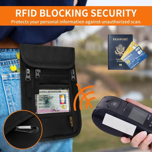Miniatura 5 de Cartera de cuello para viajes, bolsa de cuello para pasaporte para hombres y mujeres con correa ajustable para el cuello y bloqueo RFID