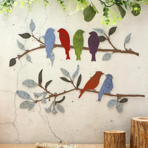 Miniatura 3 de Demissle 2 piezas de arte de pared de pájaros de metal, pájaros vivos en rama con hojas, decoración de pared rústica, impermeable, escultura
