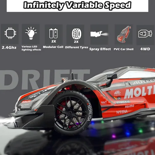 Miniatura 4 de HTURCCOP 1:16 Auto de Deriva RC 2.4GHz con Aspersión, 4WD, Luces LED, Alta Velocidad de 30+KM/H, Coche de Control Remoto con 2 Baterías, 60Min