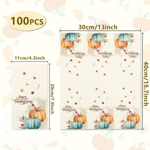 Miniatura 5 de Hioasis 100 servilletas de otoño, 3 capas desechables estilo calabaza de Acción de Gracias, suministros de fiesta de otoño de cosecha de otoño