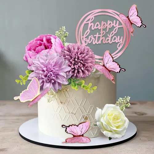Miniatura 10 de 14 PCS Adornos para Pasteles de Flores Decoraciones de Pastel de Mariposa Adornos para Pastel de Feliz Cumpleaños con Flores de Rosa Rosa