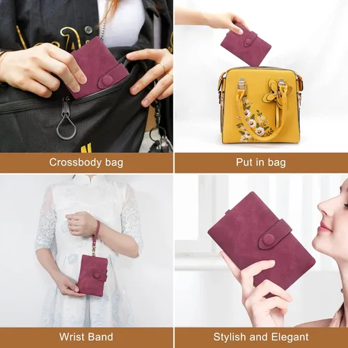 Miniatura 7 de CONISY Billeteras pequeñas de pulsera para mujer, billetera de cuero plegable RFID con ventana de identificación y cremallera