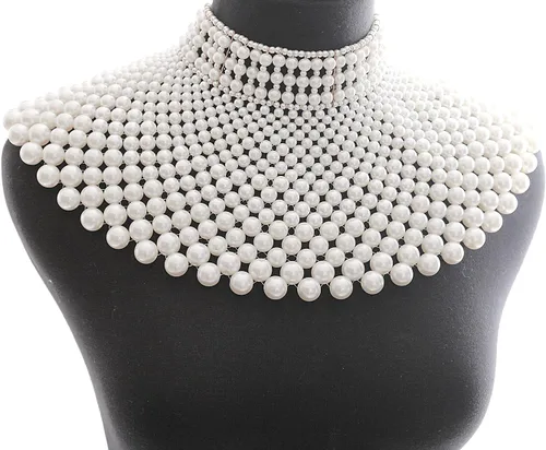 Miniatura 6 de Fine Fashion Collar de perlas egipcias hecho a mano con peto de cuentas para mujer, accesorios de gargantilla, Perla sintética