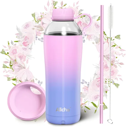 Miniatura 10 de Bow - Botella de agua aislada para mujeres, botellas de agua de acero inoxidable de 18 oz, de doble pared, 2 tapas (para beber y vaso) - Hidrata