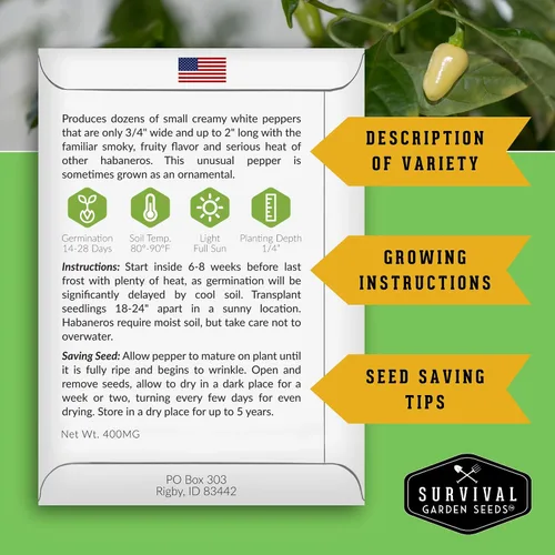 Miniatura 2 de Survival Garden Seeds - Mini semilla de pimiento habanero blanco para plantar - 1 paquete con instrucciones para plantar y cultivar pimientos