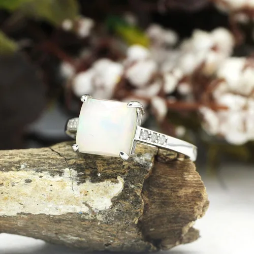 Miniatura 3 de GEMVIO Colección Anillo de compromiso de boda de compromiso con diamantes y piedras preciosas de ópalo blanco natural de 0.315in en oro de 14