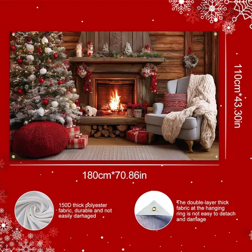 Miniatura 3 de HOMETITUTE Cartel navideño para chimenea de 71 x 43 pulgadas, acogedor telón de fondo navideño con adornos para árbol de Navidad, fondo cálido fuego