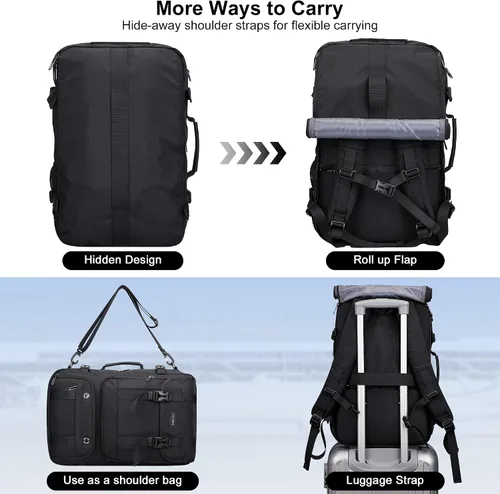 Miniatura 3 de PIJUSHI Mochila de viaje para mujeres y hombres, mochila de equipaje de mano, aprobada por vuelo, bolsa de lona convertible para laptop de 16 Negro