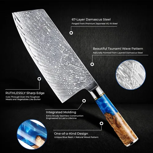 Miniatura 3 de SENKEN - Cuchillo de carnicero de acero Damasco, colección Tsunami, acero japonés VG10 de 67 capas, resina azul única y mango de madera natural