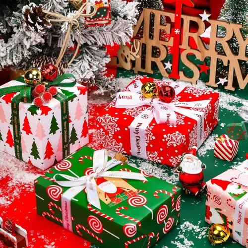 Miniatura 5 de WRAPAHOLIC Rollo de papel de regalo de Navidad de 30 pulgadas - Rollo jumbo rojo, verde y rosa de gnomo de Navidad y elfo festivo, colección de 4