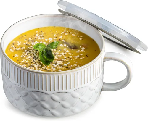 Gomakren Tazón de sopa con asa de 39 onzas, cuenco de ramen para microondas con tapa, recipiente de sopa de cerámica para ramen, cereales, oficina,