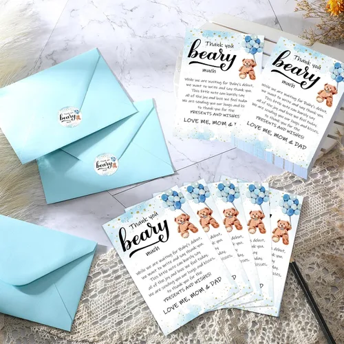 Miniatura 3 de Kisston 50 juegos de tarjetas de agradecimiento para baby shower de oso de 4 x 6 pulgadas, tarjetas de felicitación de oso con 50 sobres y Azul