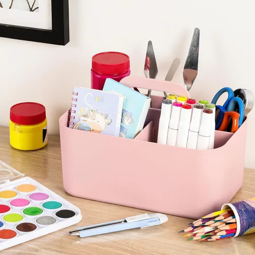 Miniatura 4 de Organizador Caddy Multiusos con Asa - Contenedor de Plástico Apilable Tote - Suministros de Arte y Manualidades, Oficina, Escritorio, Papelería, Rosa