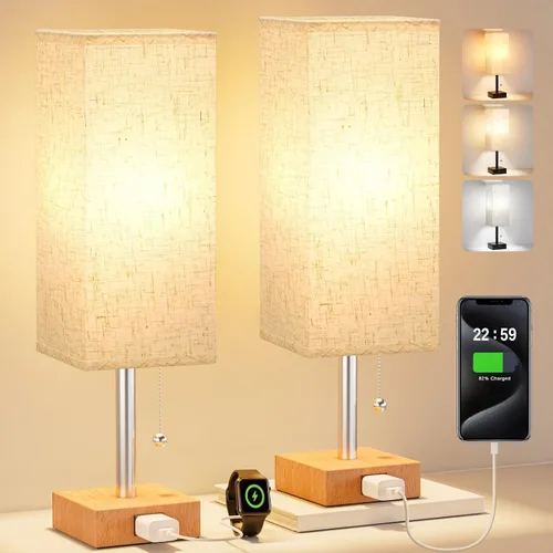 Miniatura 10 de Fenmzee Juego de 2 lámparas de noche para dormitorio, pequeña lámpara rectangular para mesita de noche con puerto de carga USB A C, luz