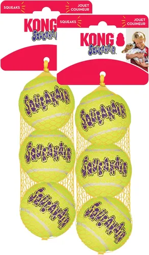 KONG - Pelotas Squeakair (paquete de 6) - Pelotas de tenis chirriantes de primera calidad, suaves con los dientes - para perros medianos