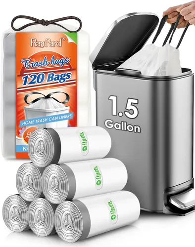 Bolsas de basura pequeñas resistentes con cordón de 1.5 galones, 120 unidades, pequeñas bolsas de plástico para botes de basura de 4.5 a 6 litros