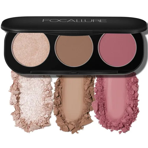 Miniatura 7 de FOCALLURE Paleta de Rubor e Iluminador, Polvo de Maquillaje 3 en 1, Mate Sin Crueldad, Iluminador con Destello para un Aspecto Radiante, #03