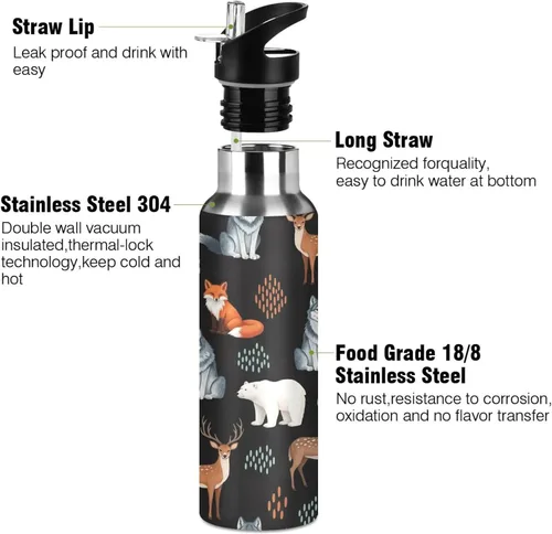 Miniatura 3 de Insulated Stainless Steel Water Bottle with Straw 20 Oz, BPA-Free Sport Water Bottle Insulated for Gym Outdoor Travel School, Cute Animals Fox Wolf