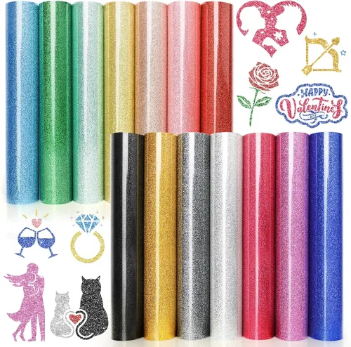 Vinilo de transferencia de calor con purpurina HTV – Paquete de 14 vinilos termoadhesivos de 12"x10" para Cricut, Silhouette Cameo o máquina de 14