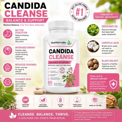 Miniatura 2 de Suplemento Candida Cleanse para equilibrio y apoyo, desintoxicación de candidasa, mujeres y hombres. Salud intestinal y flora, nivel de pH, salud