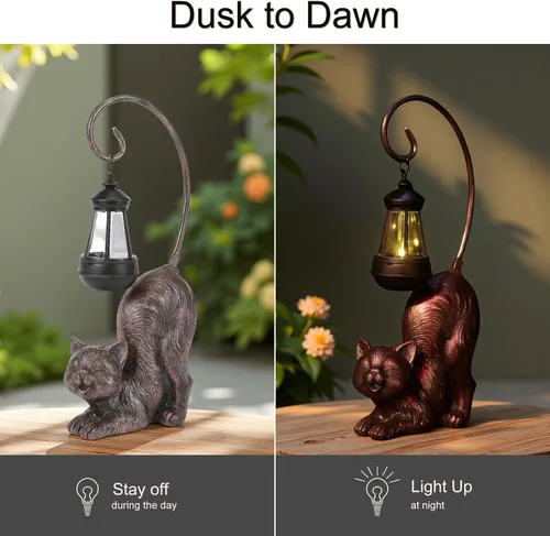 Miniatura 3 de Figura de gato riendo con luz LED alimentada por energía solar, 15.7 pulgadas de alto en bronce antiguo, perfecta para regalo, decoración de jardín