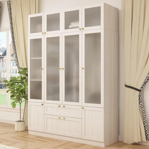 Armario grande, armario de madera con puertas de vidrio esmerilado, armario para dormitorio con 2 cajones, barra para colgar y organizar el