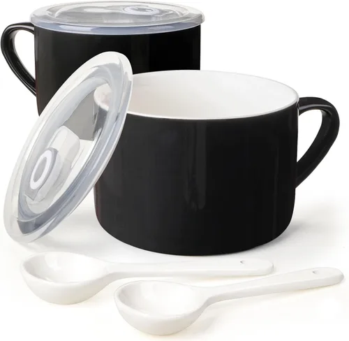 Tazones de sopa con asas y cucharas, cuenco de cerámica para ramen de 30 onzas con tapa, tazas grandes para fideos instantáneos, cuencos grandes de