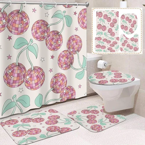 Miniatura 8 de Juego de cortinas de ducha de baño con 12 ganchos, corazón de vaquera rosa de San Valentín, decoración de baño, retro años 60 y 70 S, estética