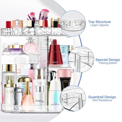 Miniatura 2 de Organizador de maquillaje giratorio de 360°, organizador de maquillaje ajustable DIY, carrusel giratorio con gran capacidad, organizador