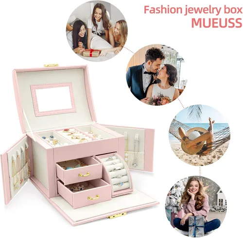 Miniatura 6 de MUEUSS Caja organizadora de joyas para niñas y mujeres, regalo ideal, joyero portátil de viaje con espejo y cerradura para collar, aretes, anillos