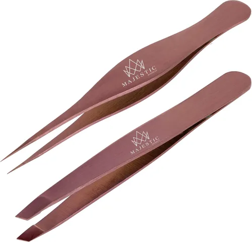 Miniatura 12 de Majestic Bombay Pinzas de punta fina + inclinadas para mujeres y hombres, garrapatas astilladas, depilación facial, cejas y encarnadas, afiladas