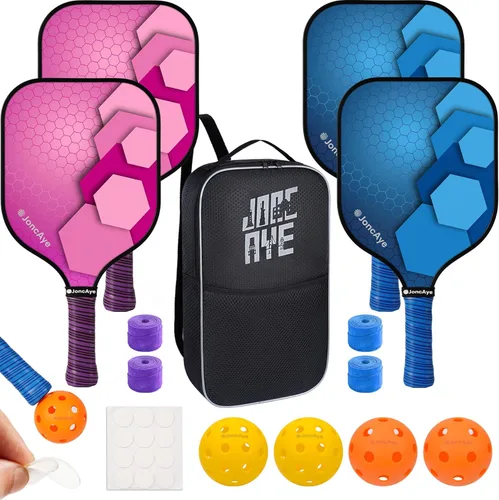 JoncAye Pickleball Paddles Set of 4 or 2, USAPA Approved Fiberglass Rackets with Outdoor Indoor Balls, Bag, Overgrip, Lightweight for Family,