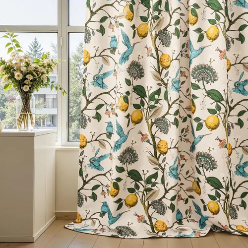 Miniatura 9 de Cortinas beige para cocina, 36 pulgadas de largo, diseño floral botánico de limón y colibrí, cortinas plisadas para oscurecer la habitación