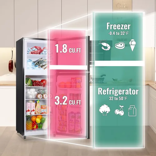 Miniatura 2 de WANAI - Refrigerador de 5.0 pies cúbicos con congelador, refrigerador de doble puerta con 7 ajustes de temperatura ajustable, refrigerador pequeño
