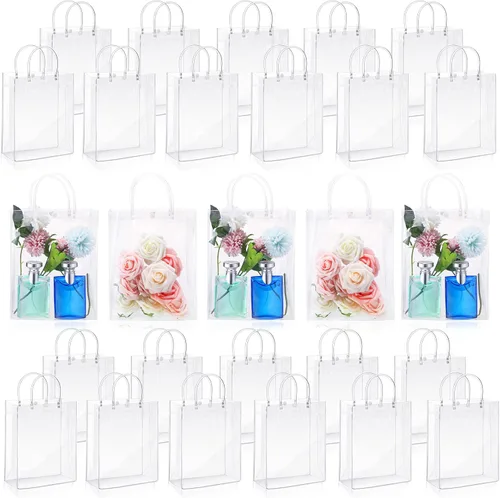 Miniatura 9 de Amylove 24 bolsas de regalo de plástico de PVC transparente con asa, bolsas de regalo reutilizables transparentes para compras, mercancías