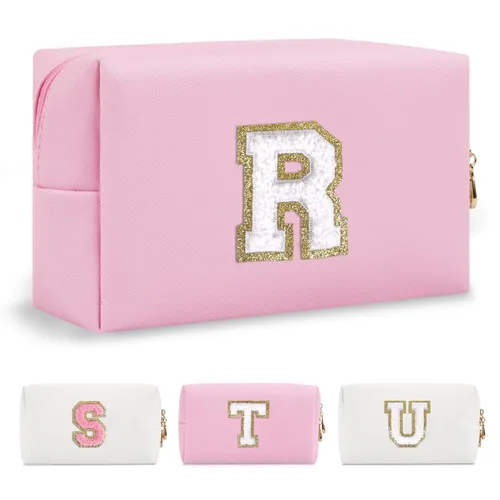 Miniatura 314 de Pequeña bolsa de maquillaje personalizada con inicial A-Z Preppy Patch, bolsa de cosméticos de viaje de felpilla blanca con cremallera, bonita bolsa