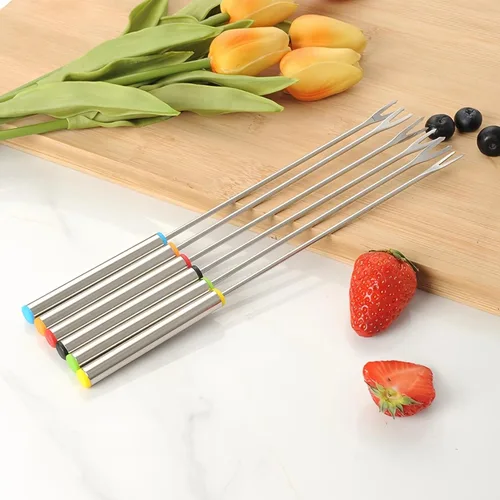 6 tenedores para fondue de acero inoxidable, 9.5 pulgadas, codificación de colores, juego de 6 para olla caliente, barbacoa, frutas, verduras