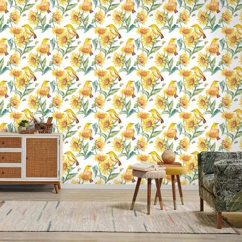 Miniatura 8 de VaryStyle Papel tapiz vintage de girasol de 17.7 x 118 pulgadas, acuarela amarillo brillante/verde, pájaros florales, despegar y pegar, papel