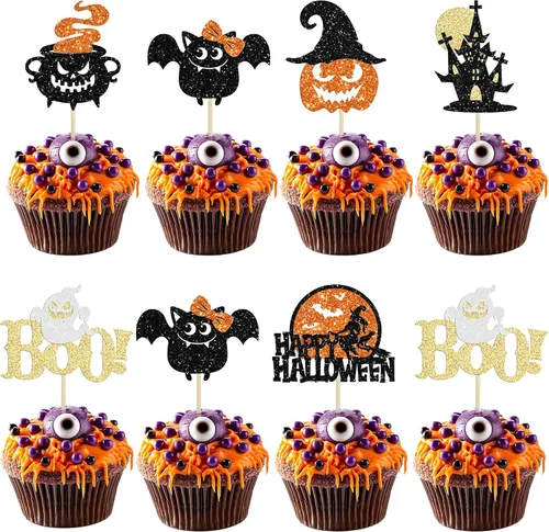 Miniatura 21 de Ephlyn 24 adornos negros para cupcakes con temática de Halloween, baby shower, niños, fiesta de cumpleaños, suministros de decoración de pasteles
